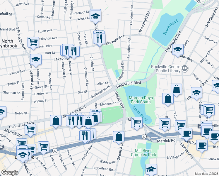map of restaurants, bars, coffee shops, grocery stores, and more near 148 Buckingham Place in Lynbrook