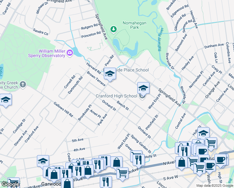 map of restaurants, bars, coffee shops, grocery stores, and more near 115 Beech Street in Cranford