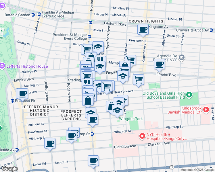 map of restaurants, bars, coffee shops, grocery stores, and more near 403 Lefferts Avenue in Brooklyn