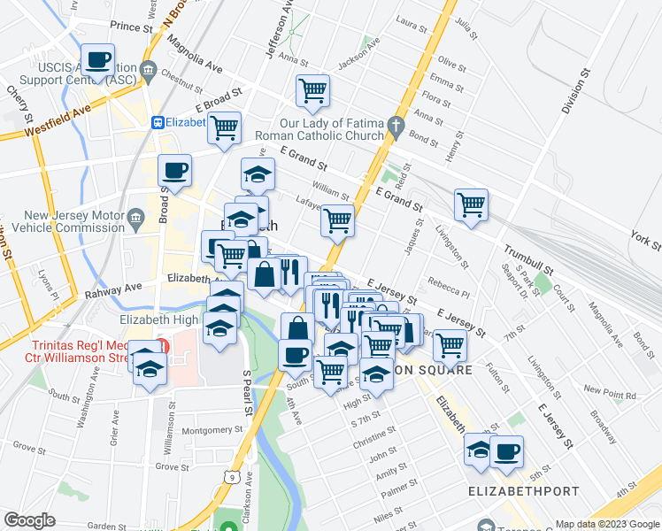 map of restaurants, bars, coffee shops, grocery stores, and more near East Jersey Street in Elizabeth