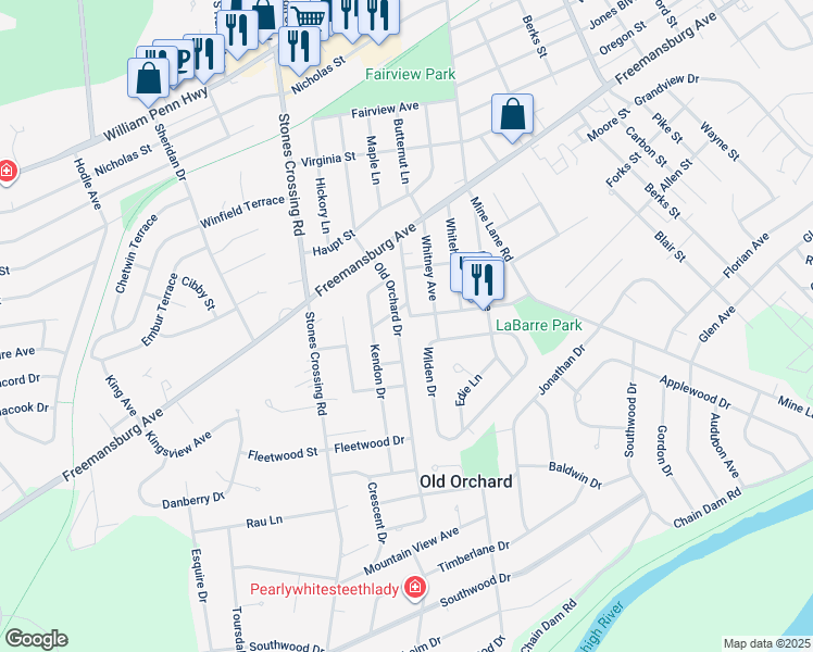 map of restaurants, bars, coffee shops, grocery stores, and more near 22 Old Orchard Drive in Easton