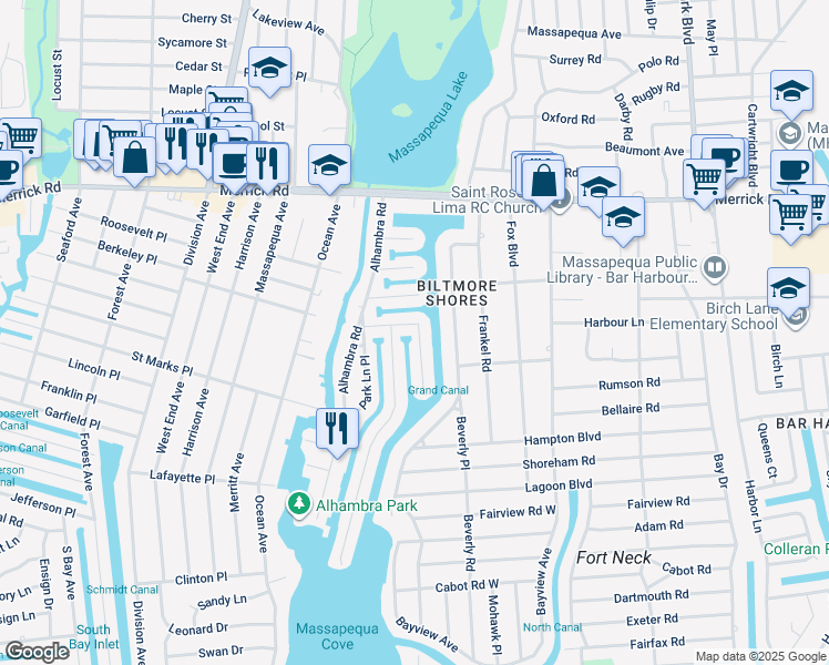 map of restaurants, bars, coffee shops, grocery stores, and more near 129 Beach Road in Massapequa