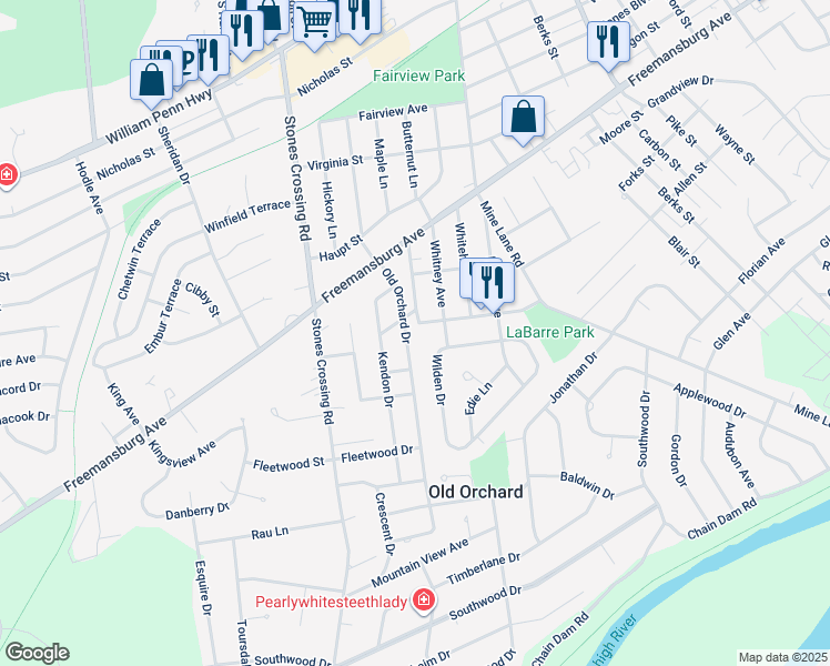 map of restaurants, bars, coffee shops, grocery stores, and more near 22 Old Orchard Drive in Easton