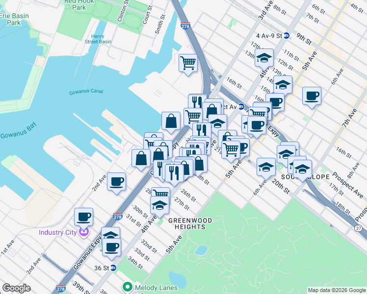 map of restaurants, bars, coffee shops, grocery stores, and more near 148 23rd Street in Brooklyn