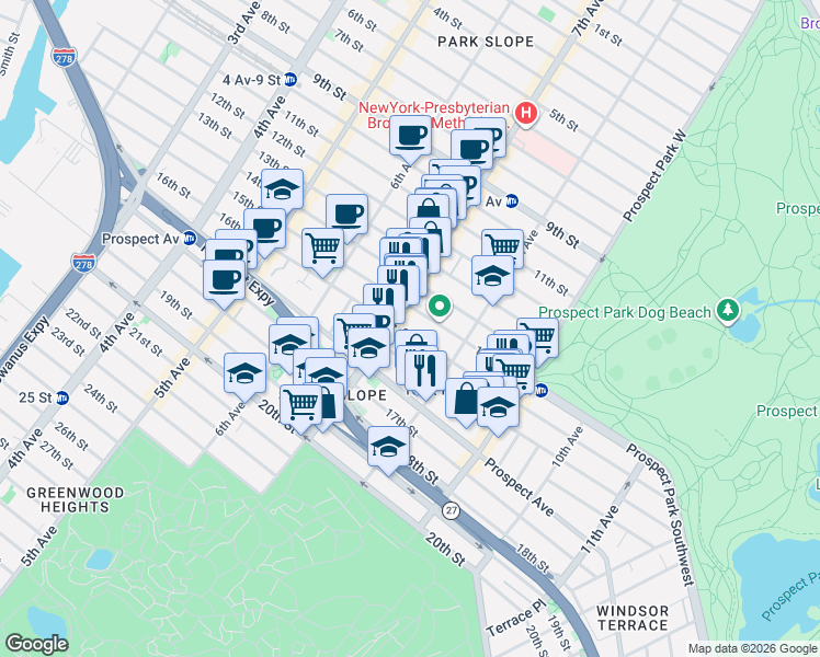 map of restaurants, bars, coffee shops, grocery stores, and more near 355 16th Street in Brooklyn