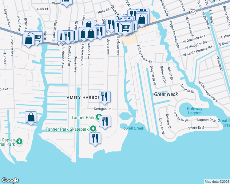 map of restaurants, bars, coffee shops, grocery stores, and more near 387 Jervis Avenue in Copiague