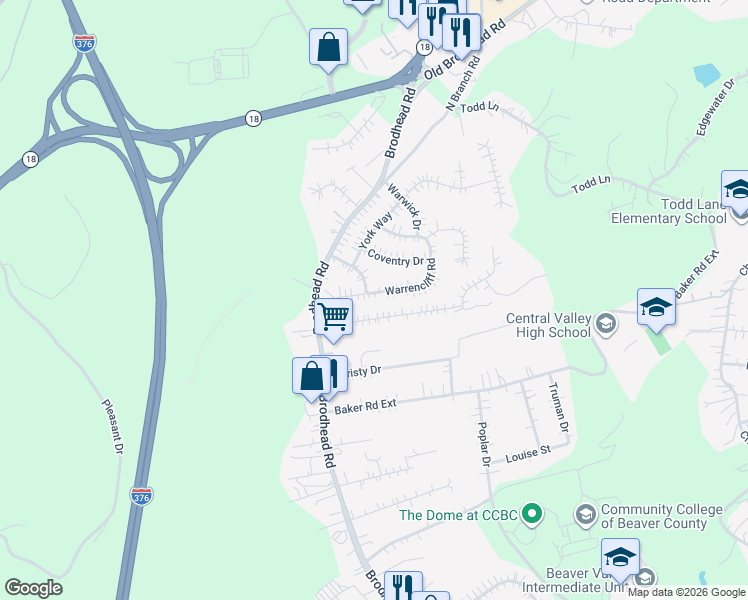 map of restaurants, bars, coffee shops, grocery stores, and more near 1331 Lincoln Drive in Monaca