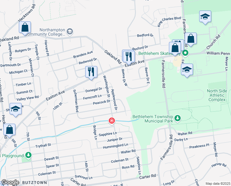 map of restaurants, bars, coffee shops, grocery stores, and more near 3110 Applewood Drive in Bethlehem