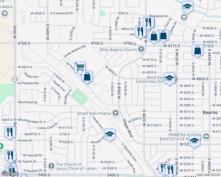 map of restaurants, bars, coffee shops, grocery stores, and more near 4908 South 5020 West in Salt Lake City
