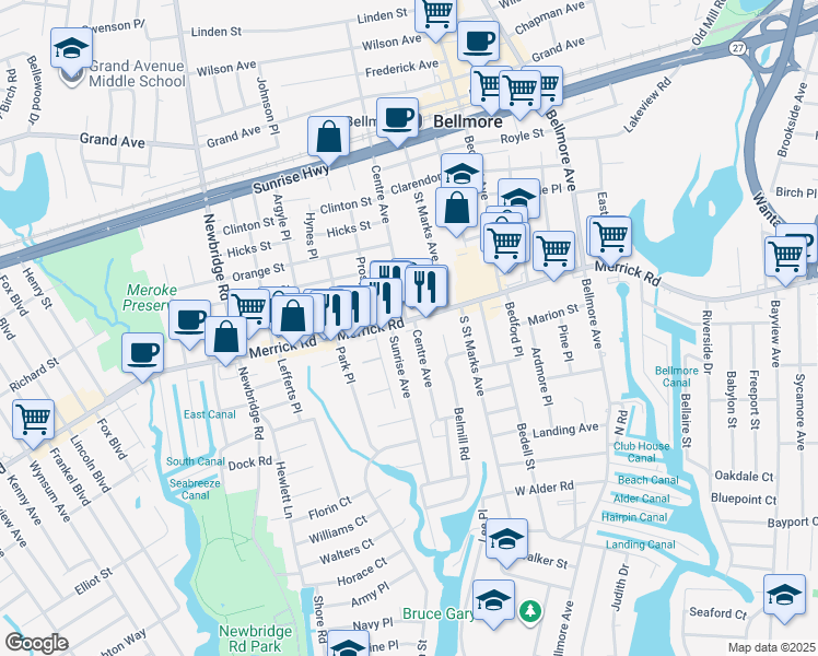 map of restaurants, bars, coffee shops, grocery stores, and more near 704 Sunrise Avenue in Bellmore
