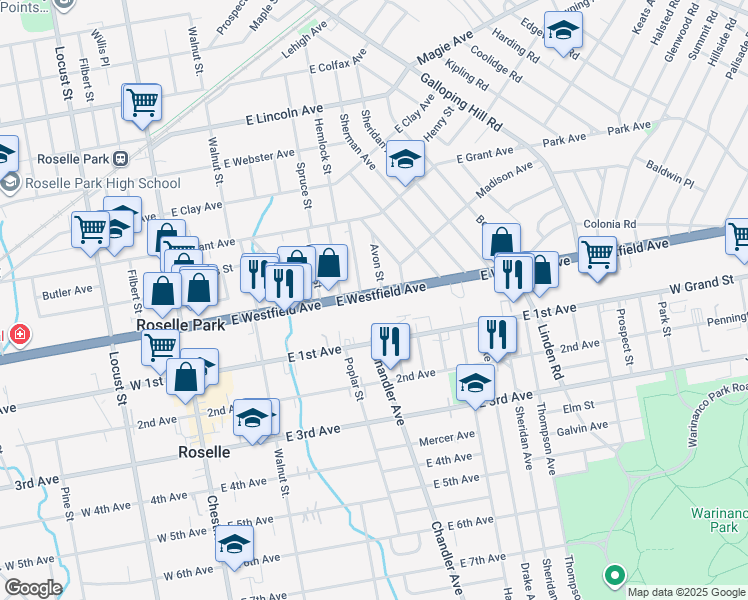 map of restaurants, bars, coffee shops, grocery stores, and more near 240 East Westfield Avenue in Roselle Park
