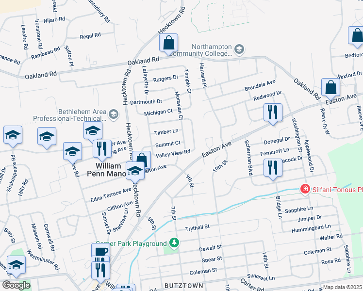 map of restaurants, bars, coffee shops, grocery stores, and more near 3544 Arbor Drive in Bethlehem