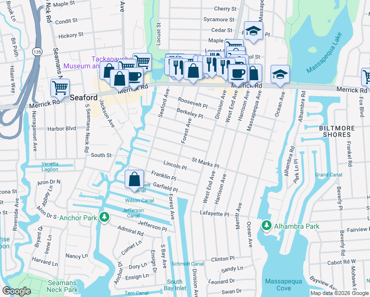 map of restaurants, bars, coffee shops, grocery stores, and more near 239 Forest Avenue in Massapequa