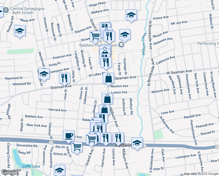 map of restaurants, bars, coffee shops, grocery stores, and more near 1976 Grand Avenue in Baldwin