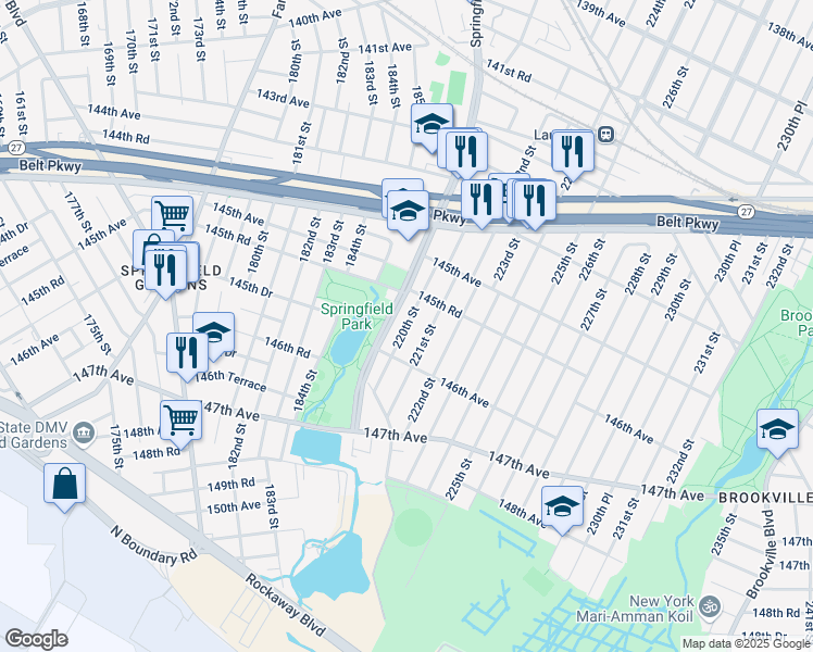 map of restaurants, bars, coffee shops, grocery stores, and more near 145-85 220th Street in Queens