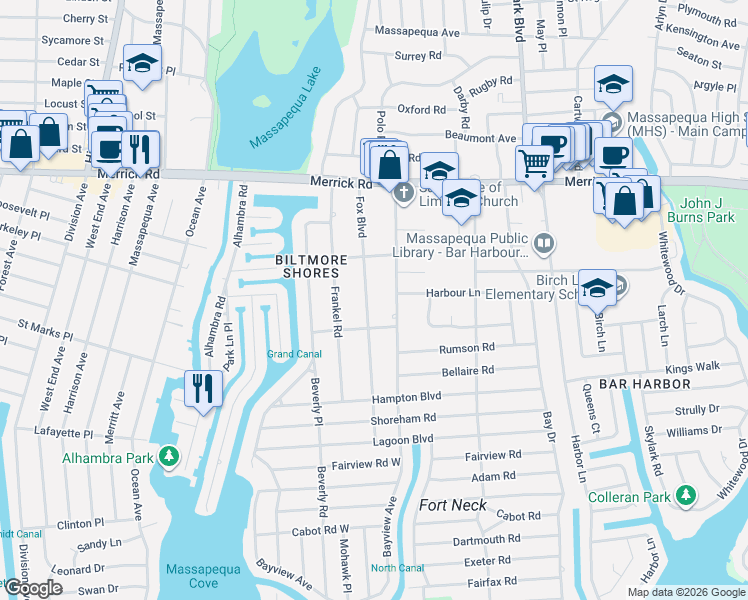 map of restaurants, bars, coffee shops, grocery stores, and more near 71 Fox Boulevard in Massapequa