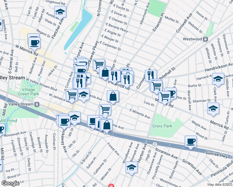 map of restaurants, bars, coffee shops, grocery stores, and more near 132 East Fairview Avenue in Valley Stream