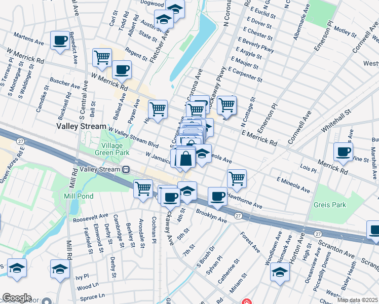 map of restaurants, bars, coffee shops, grocery stores, and more near 174 Rockaway Avenue in Valley Stream