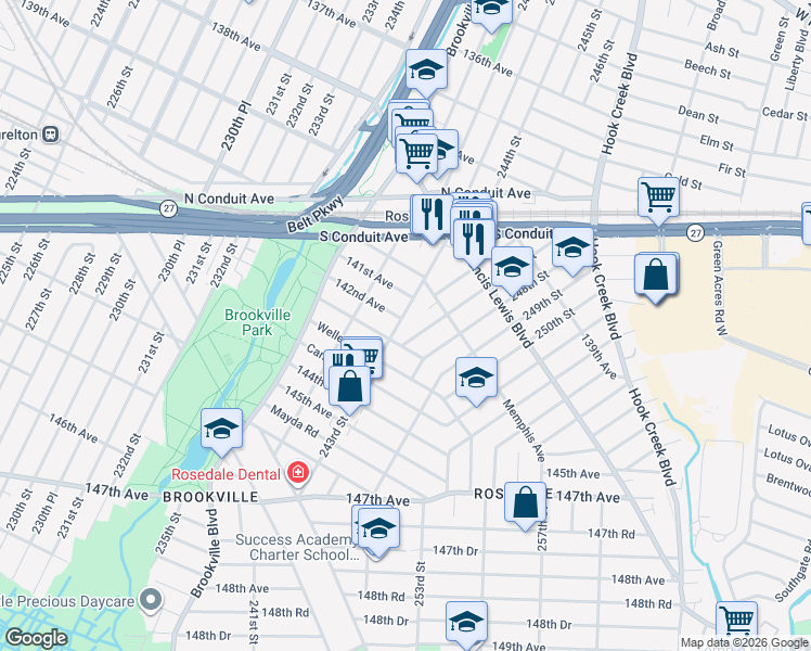 map of restaurants, bars, coffee shops, grocery stores, and more near 247-01 247th Street in Queens