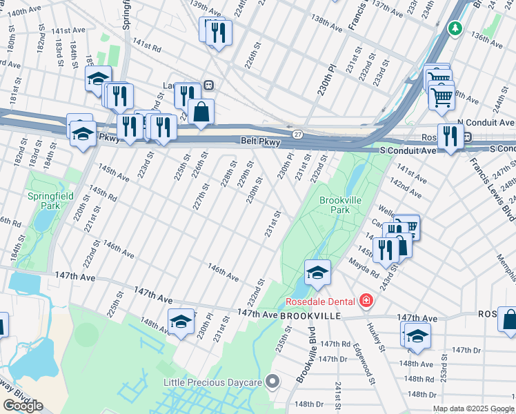 map of restaurants, bars, coffee shops, grocery stores, and more near 144-33 230th Street in Queens