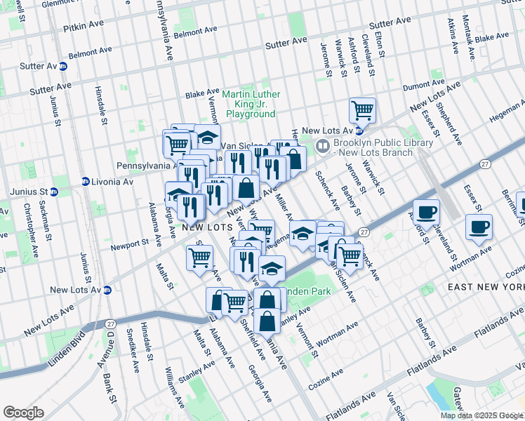 map of restaurants, bars, coffee shops, grocery stores, and more near 674 Wyona Street in Brooklyn