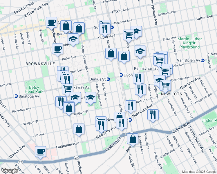 map of restaurants, bars, coffee shops, grocery stores, and more near 383 Riverdale Avenue in Brooklyn