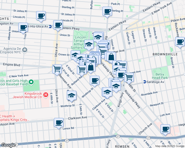 map of restaurants, bars, coffee shops, grocery stores, and more near 154 East 95th Street in Brooklyn