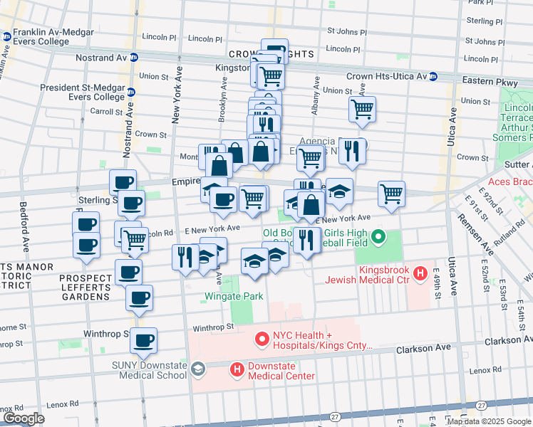 map of restaurants, bars, coffee shops, grocery stores, and more near 610 East New York Avenue in Brooklyn
