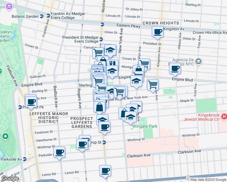 map of restaurants, bars, coffee shops, grocery stores, and more near 429 Lincoln Road in Brooklyn