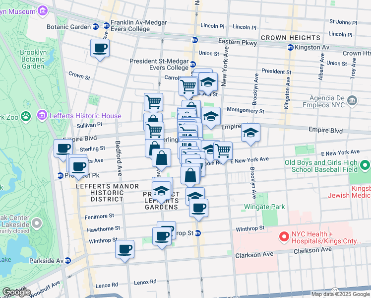 map of restaurants, bars, coffee shops, grocery stores, and more near 1046 Nostrand Avenue in Brooklyn