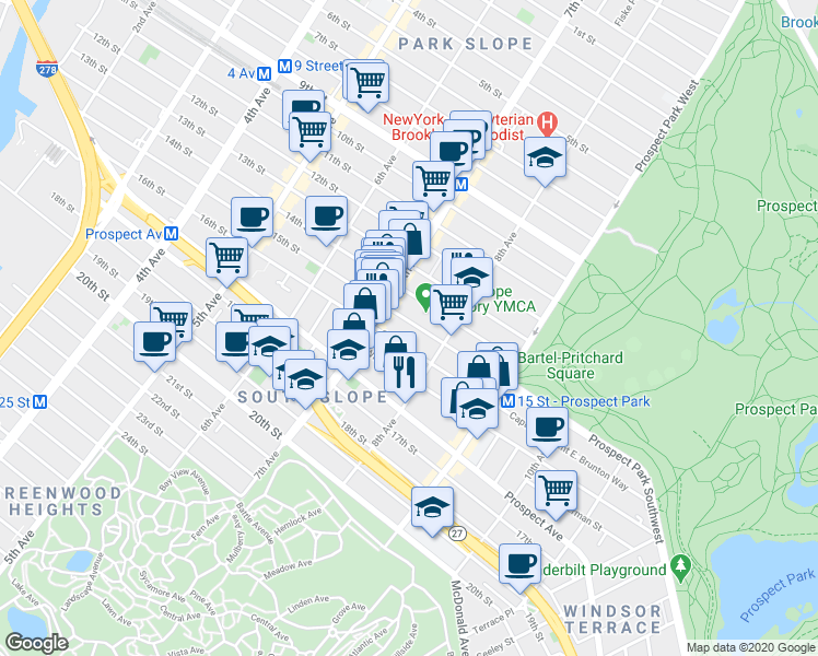 map of restaurants, bars, coffee shops, grocery stores, and more near 395 16th Street in Brooklyn