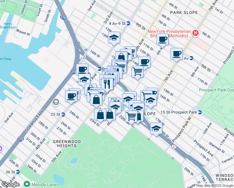 map of restaurants, bars, coffee shops, grocery stores, and more near 278 18th Street in Brooklyn