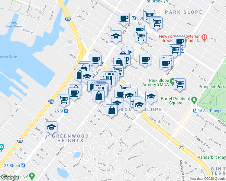 map of restaurants, bars, coffee shops, grocery stores, and more near 252 19th Street in Brooklyn