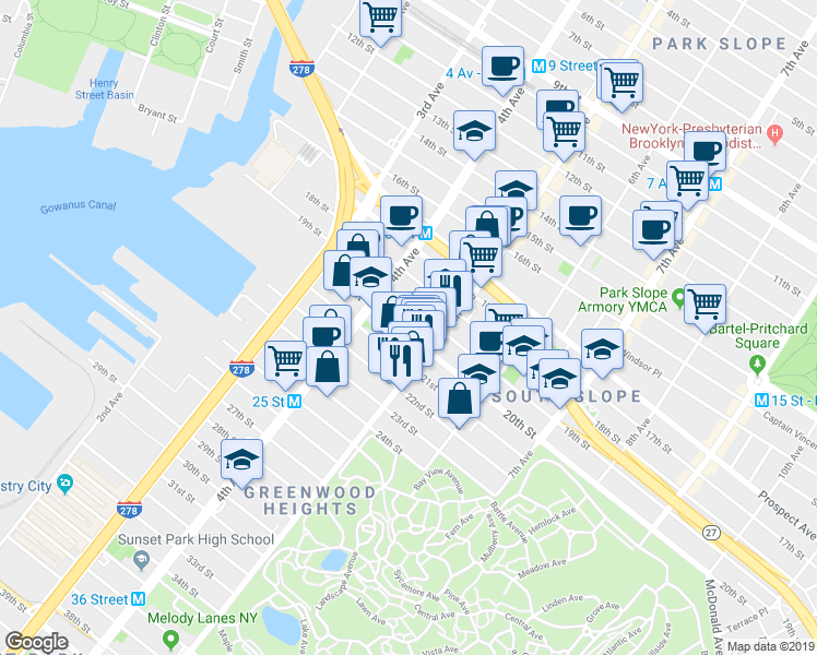 map of restaurants, bars, coffee shops, grocery stores, and more near 696 5th Avenue in Brooklyn
