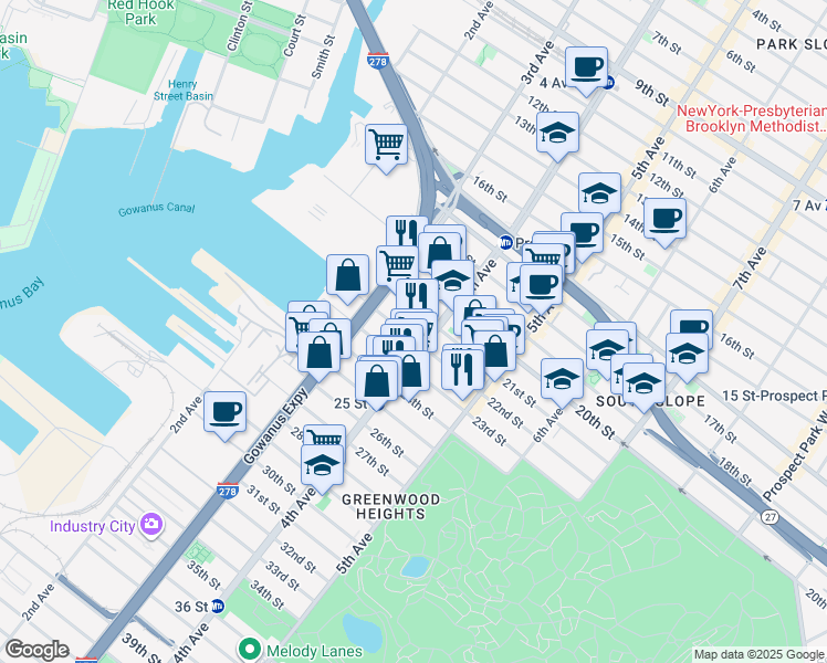 map of restaurants, bars, coffee shops, grocery stores, and more near 714 4th Avenue in Brooklyn