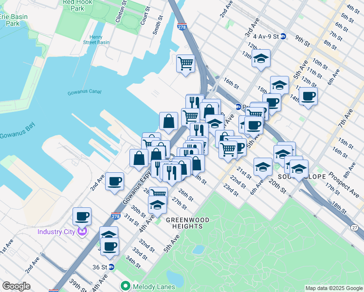 map of restaurants, bars, coffee shops, grocery stores, and more near 148 23rd Street in Brooklyn