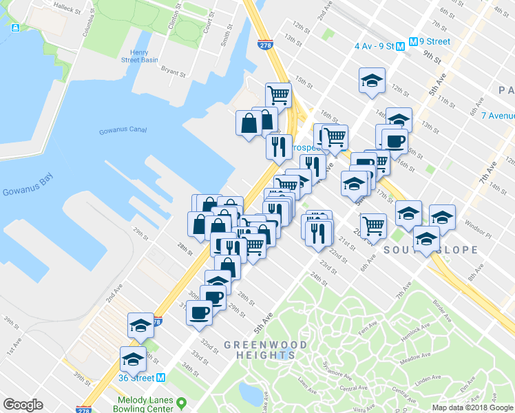 map of restaurants, bars, coffee shops, grocery stores, and more near 148 23rd Street in Brooklyn