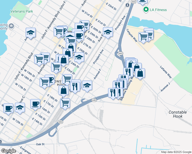 map of restaurants, bars, coffee shops, grocery stores, and more near 102 East 24th Street in Bayonne
