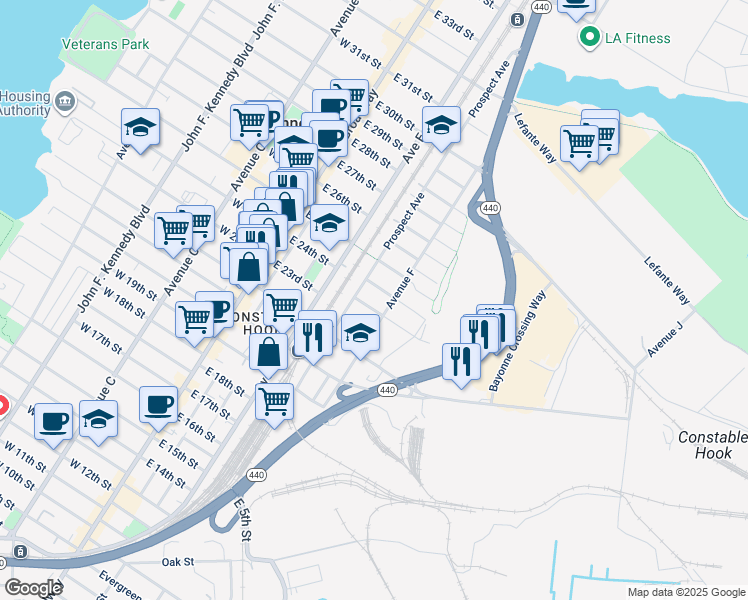 map of restaurants, bars, coffee shops, grocery stores, and more near 151 Avenue F in Bayonne