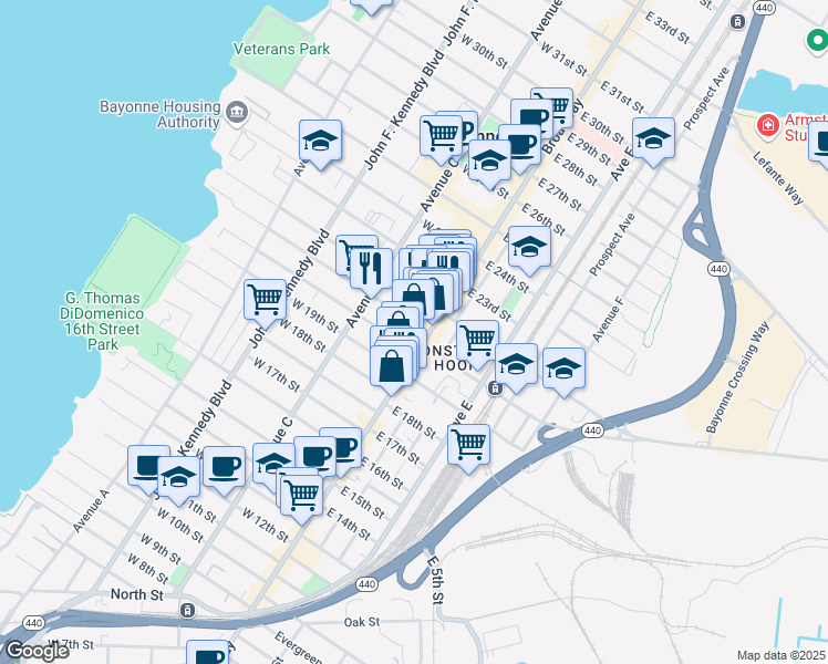 map of restaurants, bars, coffee shops, grocery stores, and more near 6 East 21st Street in Bayonne