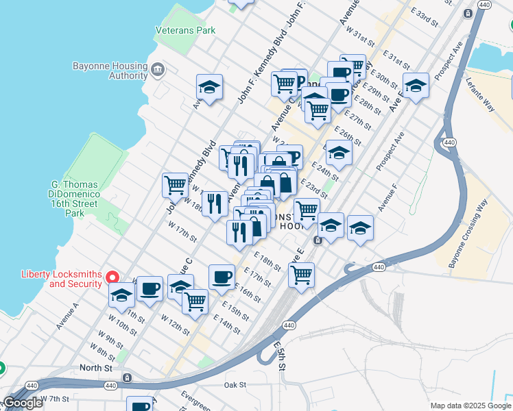 map of restaurants, bars, coffee shops, grocery stores, and more near 17 West 19th Street in Bayonne