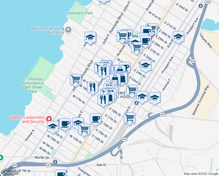 map of restaurants, bars, coffee shops, grocery stores, and more near 17 West 19th Street in Bayonne