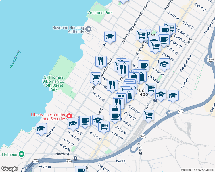 map of restaurants, bars, coffee shops, grocery stores, and more near 66 West 18th Street in Bayonne