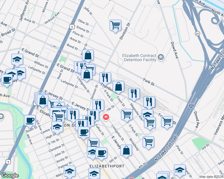 map of restaurants, bars, coffee shops, grocery stores, and more near 720-722 Trumbull Street in Elizabeth