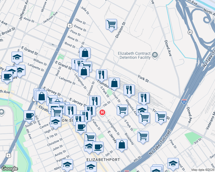 map of restaurants, bars, coffee shops, grocery stores, and more near 720-722 Trumbull Street in Elizabeth