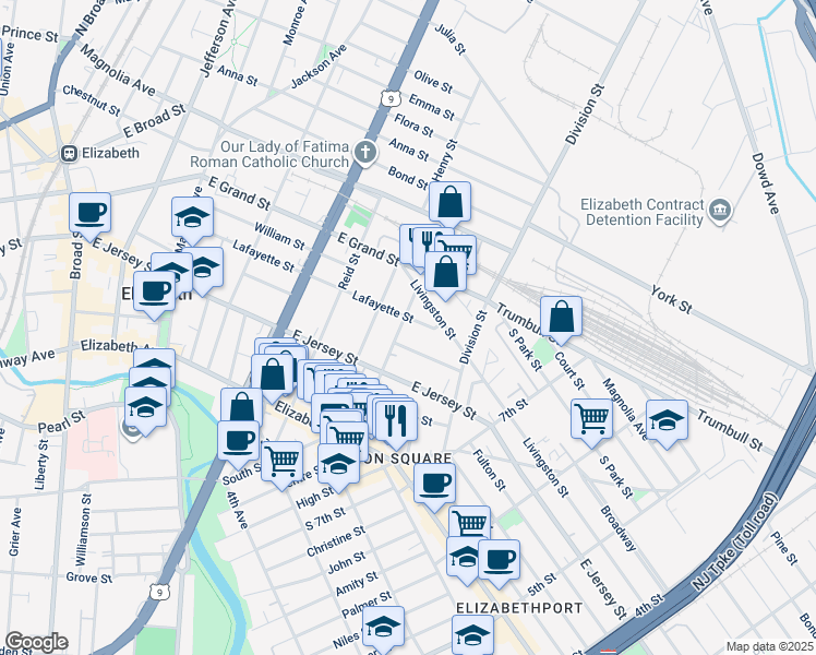 map of restaurants, bars, coffee shops, grocery stores, and more near 857 Rebecca Place in Elizabeth