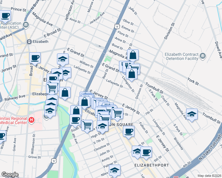 map of restaurants, bars, coffee shops, grocery stores, and more near 899 East Jersey Street in Elizabeth