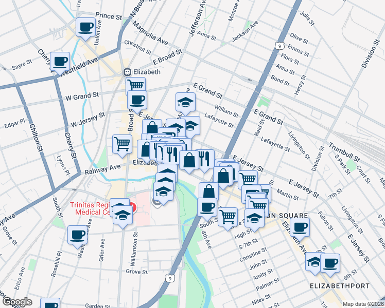 map of restaurants, bars, coffee shops, grocery stores, and more near 18 Catherine Street in Elizabeth