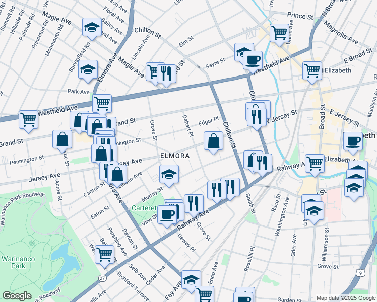 map of restaurants, bars, coffee shops, grocery stores, and more near 70-72 Dehart Place in Elizabeth