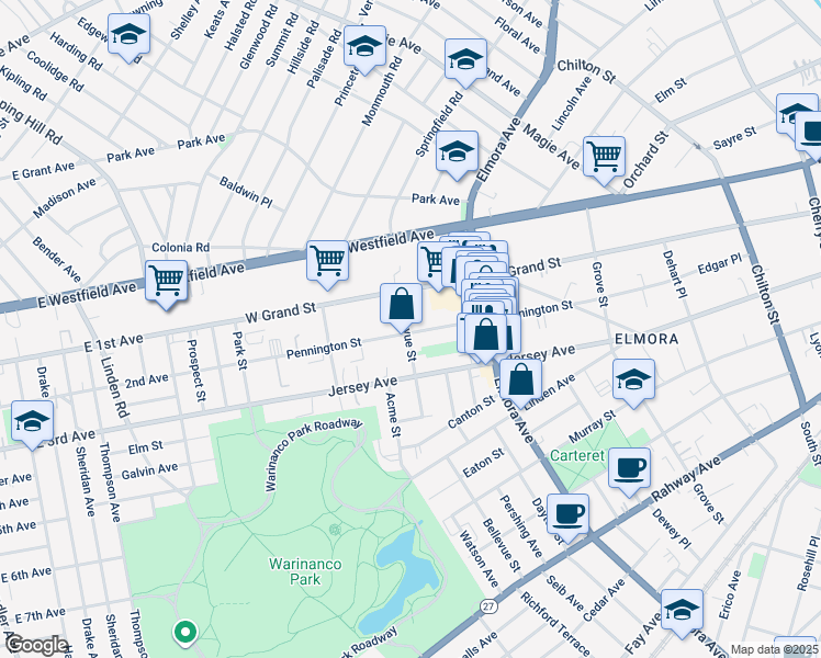 map of restaurants, bars, coffee shops, grocery stores, and more near 171 Bellevue Street in Elizabeth